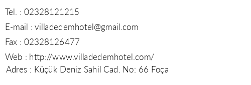 Villa Dedem Hotel telefon numaralar, faks, e-mail, posta adresi ve iletiim bilgileri